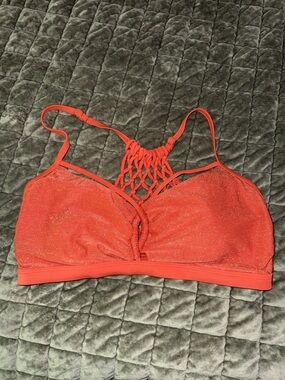 Time and Tru Shimmery Coral Macramé-Back Bikini Top